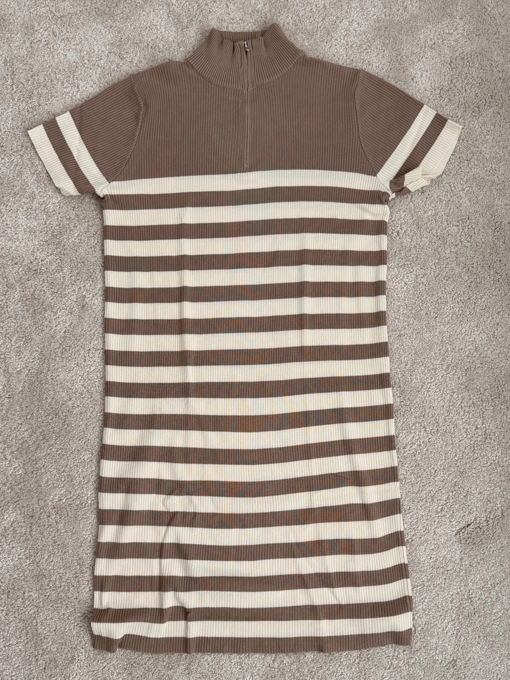 Striped Rib-Knit Short Sleeve Dress in Brown and Cream
